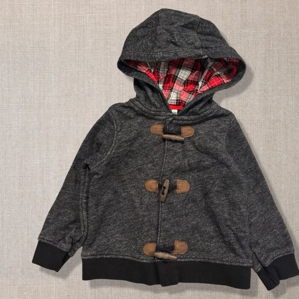 Carter’s Boys 18M Charcoal Toggle Hoodie Plaid Lined Elbow Patch Jacket
